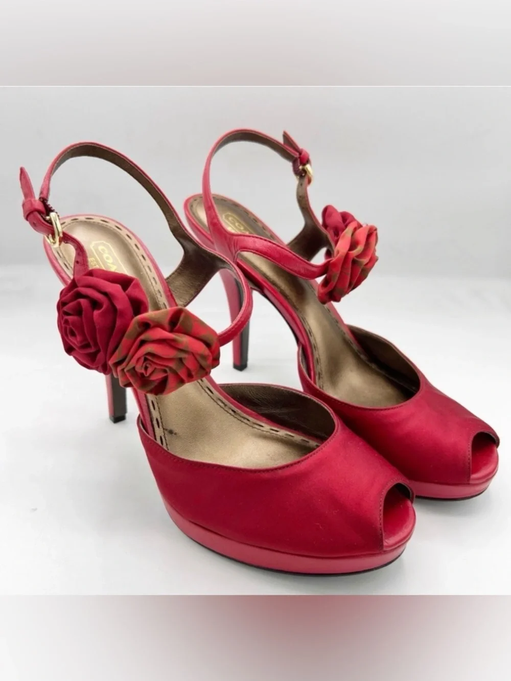Coach Addysen Red Leather & Silk Rosette Heeled Peep Toe Shoes, Size 9.5B (Med)